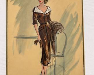Costume illustration of a fitted brown dress with feathered accessories and a signature at the lower edge