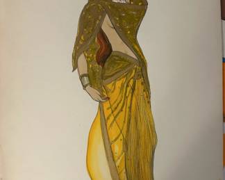Costume drawing of a gold-and-olive draped ensemble with a patterned veil, long fringe and layered jewelry. The figure is shown in profile, highlighting the fabric movement and intricate styling. Initials “TVR” appear near the lower edge of the sheet. From Tom Culver’s collection.
