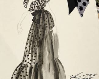 Costume design sketch with a wide brimmed hat spotted blouse and long skirt with handwritten Scruples first rough notes