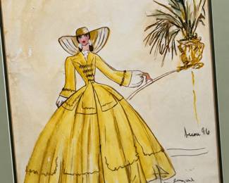 Framed costume drawing of a bright yellow full skirted period gown and matching hat with handwritten notes