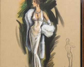 Framed silver gown costume illustration with sweeping dark accents and a smaller construction sketch