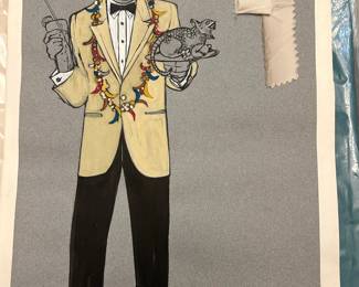 Costume drawing labeled “First Family” and “Bob Newhart,” depicting a pale yellow dinner jacket with colorful trim, black trousers and bow tie. Attached fabric swatches and handwritten tailoring notes offer a closer look at the costume-design process. From Tom Culver’s film memorabilia collection.