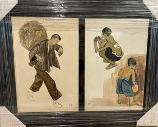 Pair of framed costume illustrations showing figures with baskets and colorful clothing