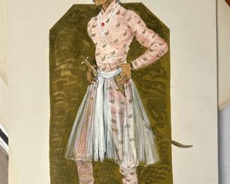 Full-length theatrical costume drawing of a figure in a pale pink patterned tunic and trousers, a red jeweled turban, layered necklaces and pointed red shoes. A white waist sash and illustrated dagger complete the ensemble. From Tom Culver’s collection of Hollywood costume artwork.