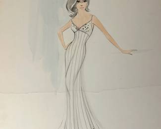 Fashion illustration of a pale fitted evening gown with slender straps, a structured bodice and a flared hem. Fine vertical lines and small dark decorative motifs emphasize the silhouette. A costume-design study from Tom Culver’s collection; the photograph shows the sheet’s central fold.