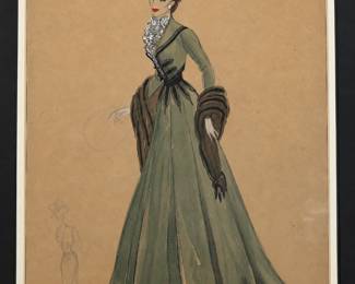 Framed costume illustration of a green gown with a dark waist sash and large hat from the Tom Culver collection