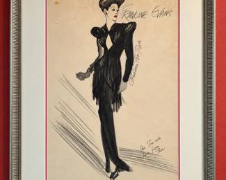 Framed fashion drawing labeled “Francine Evans,” showing a black gown with sculptural shoulders, fringed detailing and long gloves. A personal dedication to Tom and handwritten lettering appear on the sheet. A distinctive piece for costume and fashion-history collectors.