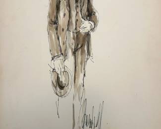 Hollywood costume drawing of a man in a brown three-piece suit, carrying a hat. Handwritten labeling identifies Fredric March in Hombre, with a large signature beneath the figure. The coat, waistcoat and tie are rendered in restrained brown and gray tones. From Tom Culver’s costume collection.