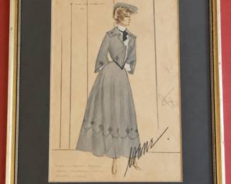 Framed fashion drawing of a gray skirt suit with a cropped jacket, necktie and matching hat. Handwritten notes include “Maison Rochas” and “1954.” Decorative motifs circle the skirt; the sheet is presented with a dark mat and gold-tone frame.
