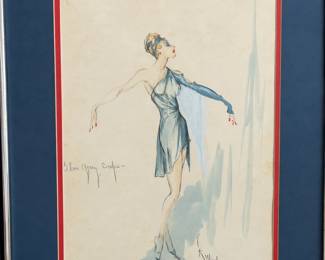 Matted blue gray costume sketch of a flowing dress with extended arms and handwritten notes
