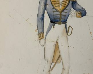 Military-style costume drawing of a blue-and-gold tailcoat with epaulettes, white trousers, black boots and a bicorne hat. An illustrated sword completes the full-length study. Paper spotting and wear are visible in this photograph from Tom Culver’s costume collection.