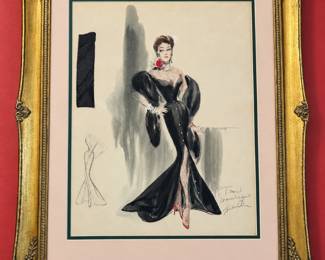 Framed costume drawing of a dramatic black evening gown with sculptural sleeves, a fabric swatch and a personal inscription to Tom. The full-length figure, smaller construction study and ornate gold-tone frame make this a striking piece from Tom Culver’s Hollywood costume collection.