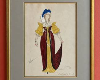 Framed costume drawing labeled “Hartford Club,” depicting a full-length red-and-yellow ensemble, puff sleeves, jeweled accessories and a blue feathered cap. Handwritten notes and a signature appear on the sheet. From Tom Culver’s costume collection.