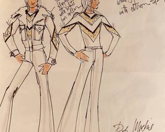 Signed Bob Mackie costume drawing with two menswear designs, flared trousers and handwritten construction notes. From Tom Culver’s Hollywood collection, offered at the September 18–20 estate sale in Valley Village.