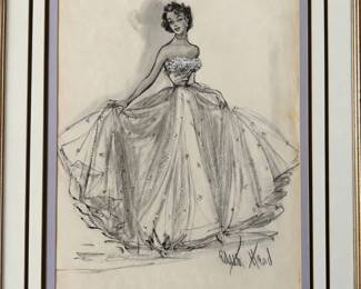 Signed Edith Head ballgown costume drawing from Tom Culver’s Hollywood collection. See this framed design and more at the Hollywood Legends Estate Sale, September 18–20 in Valley Village.
