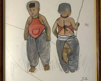 Framed costume study showing front and back views of a child in a red bib-style garment and loose blue trousers. The rear view includes a long stick or pole. Handwritten notes and the number 52 appear on the sheet; from Tom Culver’s costume artwork collection.