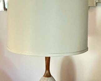 Mid-Century Modern Ribbed Ceramic Table Lamp with Teak Neck