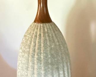 Mid-Century Modern Ribbed Ceramic Table Lamp with Teak Neck