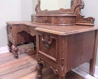 Antique Carved Mahogany Dressing Table with Mirror