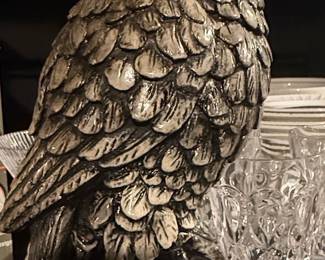 Vintage Cast Concrete Owl Garden Statue with Amber Glass Eyes
