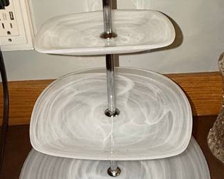 Three-Tiered White Swirl Glass Serving Stand