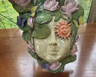 Hand-Crafted Ceramic Mother Nature/Green Man Wall Mask with Floral and Butterfly Embellishments