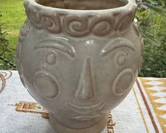 Vintage Glazed Ceramic Face Pot / Planter with Scroll Rim