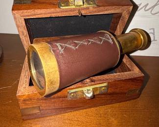 Vintage Brass and Leather Nautical Telescope with Wooden Box