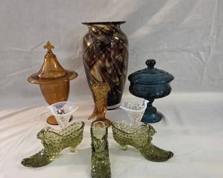 Vintage MCM Glass Lot Hobnail Shoes, Empoli Covered Jars Art Vase