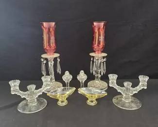 Pair of Antique Etched Cranberry Glass Hurricane Lamps with Crystal Prisms