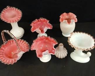 Pink Ruffled Silver Crest Milk Glass