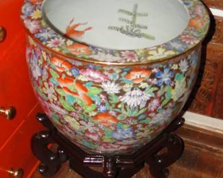 Oriental Planter with fish motif on inside and stand