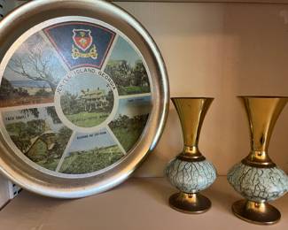 1965 Jekyl Island, GA souvenir plate Vintage Delft Holland Brass & Porcelain Vase 6" MCM, Turquoise & Brown Marbling