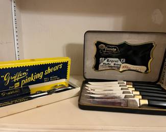 GRIFFON pink all pinking sheers $10 Original box PEEREDGE Finest Sheffield Stainless Forever Sharp Blades by REGENT $25 Premium flatware made in Sheffield, England - 6 steak knives Original box