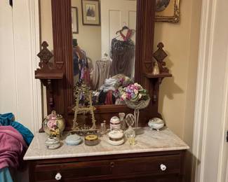 Walnut Victorian, white marble top dresser with original white marble top and white round pulls in excellent condition 