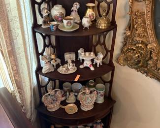 Round walnut Victorian corner shelf fill with various Victorian decorator items with each item priced separately 