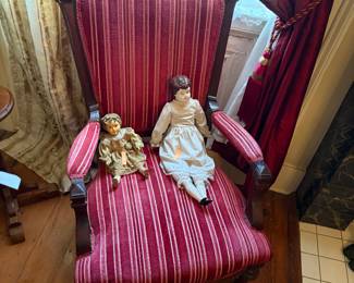 Walnut Victorian John Jellif style double atm chair with good stripe upholstery 