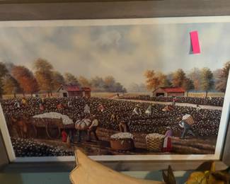 Antique print of cotton picking scene in great frame 