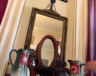Match pair hand painted German pitchers with handles 