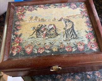 Victorian walnut dresser box with cotton picking scene on the front 