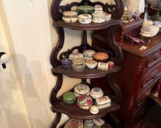 Misc Victorian items priced separately on a good walnut Victorian rounded corner shelf 