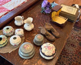 Misc hand painted dresser boxes on Victorian table each item priced separately 