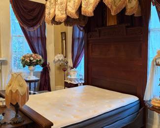 walnut Victorian 1/2 Tester bed with custom made fabric and Tuffed tester insert with brand new custom made 3/4 size Mattress and Box springs in mint condition 