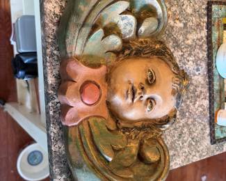 Wooden hand carved cherub decorative piece 