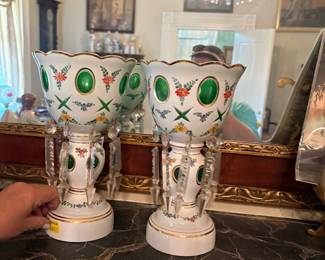 Match pair of white cut to green Victorian mantle lusters with prisms 
