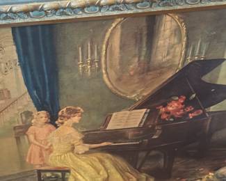 Famous Victorian painting of girls playing piano in the parlor 
