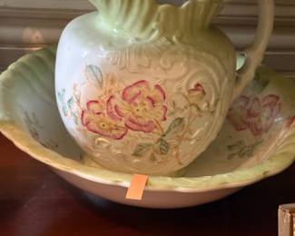 3 pc Victorian hand painted pink and green matching bowl and picture set 
