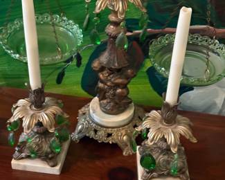 3 piece gold garniture set with marble base a green glass prism accents 