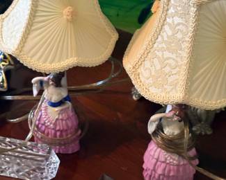 Match pair hand painted German style hand painted lamps with matching shades 