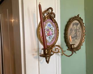 Match French porcelain two arm wall sconce serves style pink hand painted with flowers with gold gilt